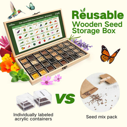 Lush&Dew Year-Round USDA Zone 9 Seed Bank, Gardening Gifts for Women Men, 32 Varieties Non-GMO Heirloom Seeds of Vegetables Herbs Fruits, Gift for Mom Dad, Survival Seed Kit for Raised Garden Beds