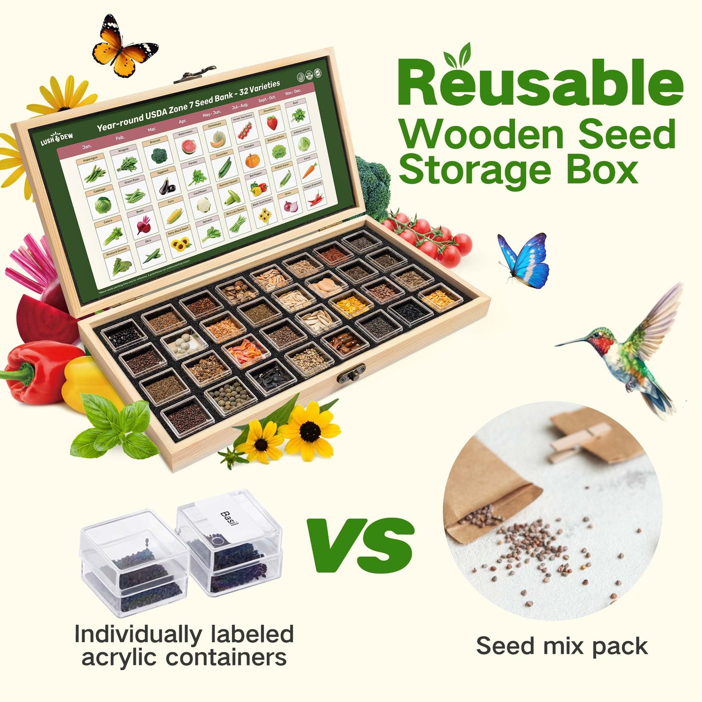Lush&Dew Year-Round USDA Zone 9 Seed Bank, Gardening Gifts for Women Men, 32 Varieties Non-GMO Heirloom Seeds of Vegetables Herbs Fruits, Gift for Mom Dad, Survival Seed Kit for Raised Garden Beds