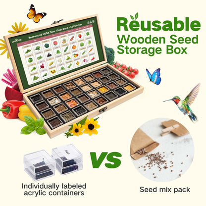 Lush&Dew Year-Round USDA Zone 9 Seed Bank, Gardening Gifts for Women Men, 32 Varieties Non-GMO Heirloom Seeds of Vegetables Herbs Fruits, Gift for Mom Dad, Survival Seed Kit for Raised Garden Beds