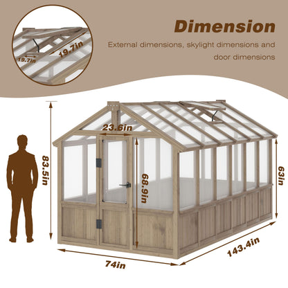 Yardenaler 8x16 FT Greenhouse for Outdoor, 6MM Thick Polycarbonate Panel Wooden Walk-in Green House with Adjustable Roof Vents and Lockable Door, Backyard Garden, Light Mocha Brown