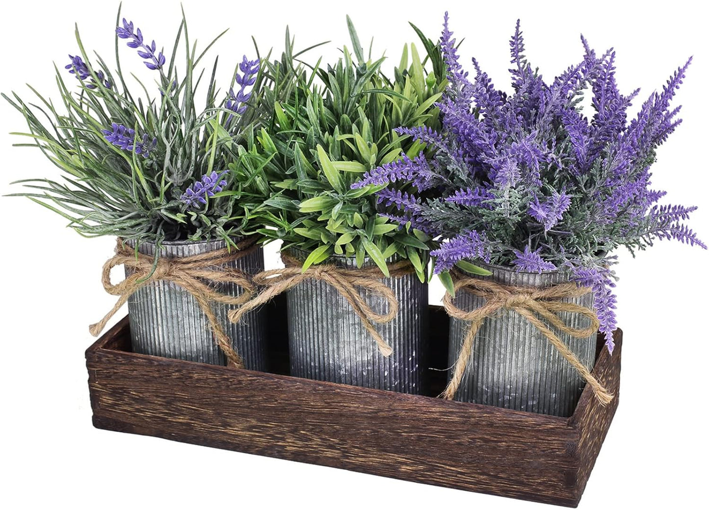 Set of 3 Small Potted Plants Arrangement Artificial Lavender and Grass Plants in Rustic Galvanized Metal Pots with Decorative Wood Tray for Farmhouse Table Centerpiece Windowsill Indoor Greenery Decor