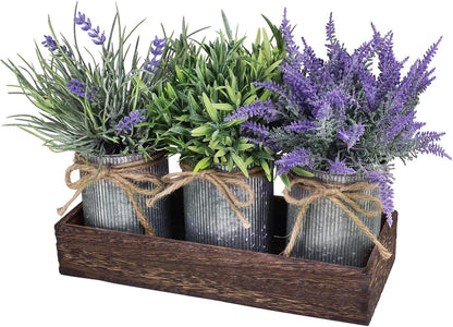 Set of 3 Small Potted Plants Arrangement Artificial Lavender and Grass Plants in Rustic Galvanized Metal Pots with Decorative Wood Tray for Farmhouse Table Centerpiece Windowsill Indoor Greenery Decor