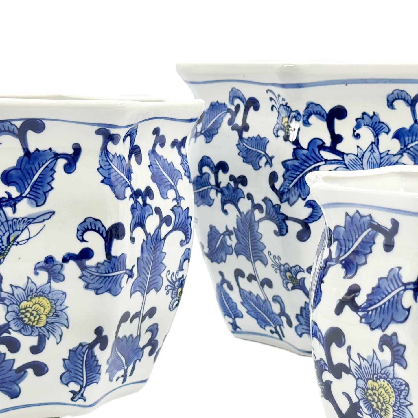 Galt International Blue & White Round Fluted Classic Floral Porcelain Ceramic Plant Flower Planter Pot Set of 3 (7.5", 10", 13") Garden Pots Chinese Asian Design