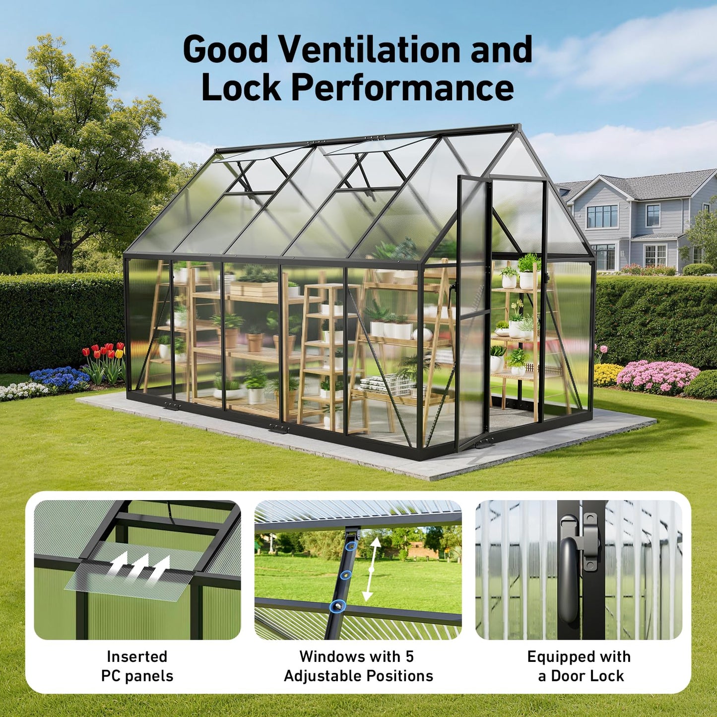 12x12 FT T-Shape Greenhouses, Polycarbonate Green House with UV Protection, Heavy Duty Greenhouse with Windproof Aluminum Frame, Roof Vent & Quick-Install Design for Backyard or Garden Use