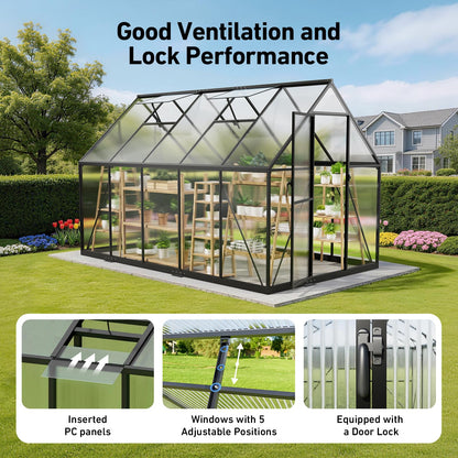12x12 FT T-Shape Greenhouses, Polycarbonate Green House with UV Protection, Heavy Duty Greenhouse with Windproof Aluminum Frame, Roof Vent & Quick-Install Design for Backyard or Garden Use