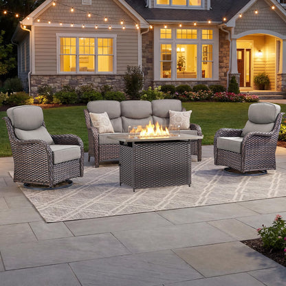 Luxury Patio Furniture Set with 6-inch Thick Cushion, Outdoor Furniture with Fire Pit Table, Swivel Chairs, Sofa, Side Table, Ottomans, 9pcs Wicker Conversation Set(Brown Wicker | Grey Cushion)