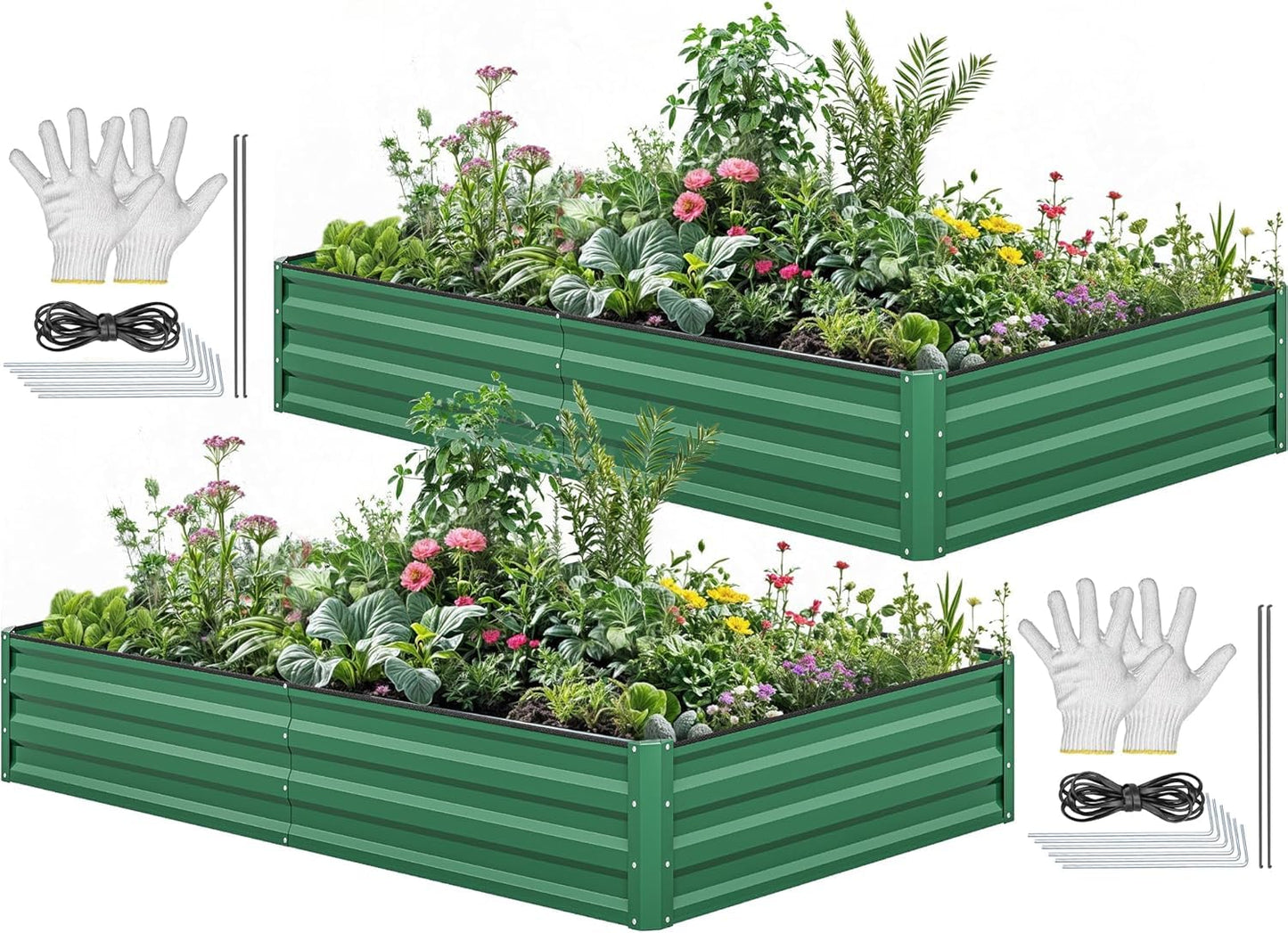 YITAHOME 6pcs 8x4x2 ft Galvanized Raised Garden Bed Kit, Large Metal Planter Box with Gloves, Safety Rubber & Support Rod, Outdoor Flower Bed for Plants Vegetables, Green