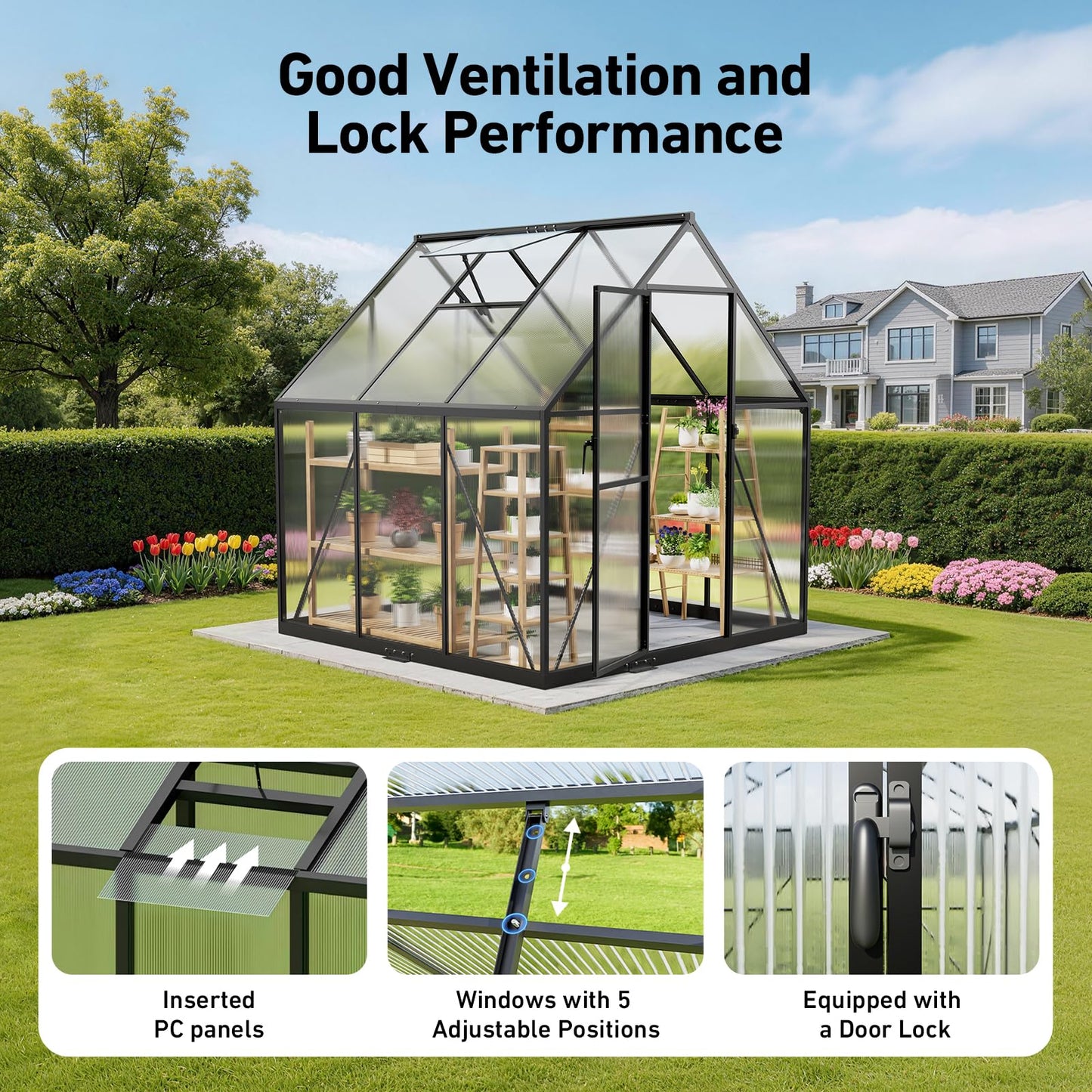 12x12 FT T-Shape Greenhouses, Polycarbonate Green House with UV Protection, Heavy Duty Greenhouse with Windproof Aluminum Frame, Roof Vent & Quick-Install Design for Backyard or Garden Use
