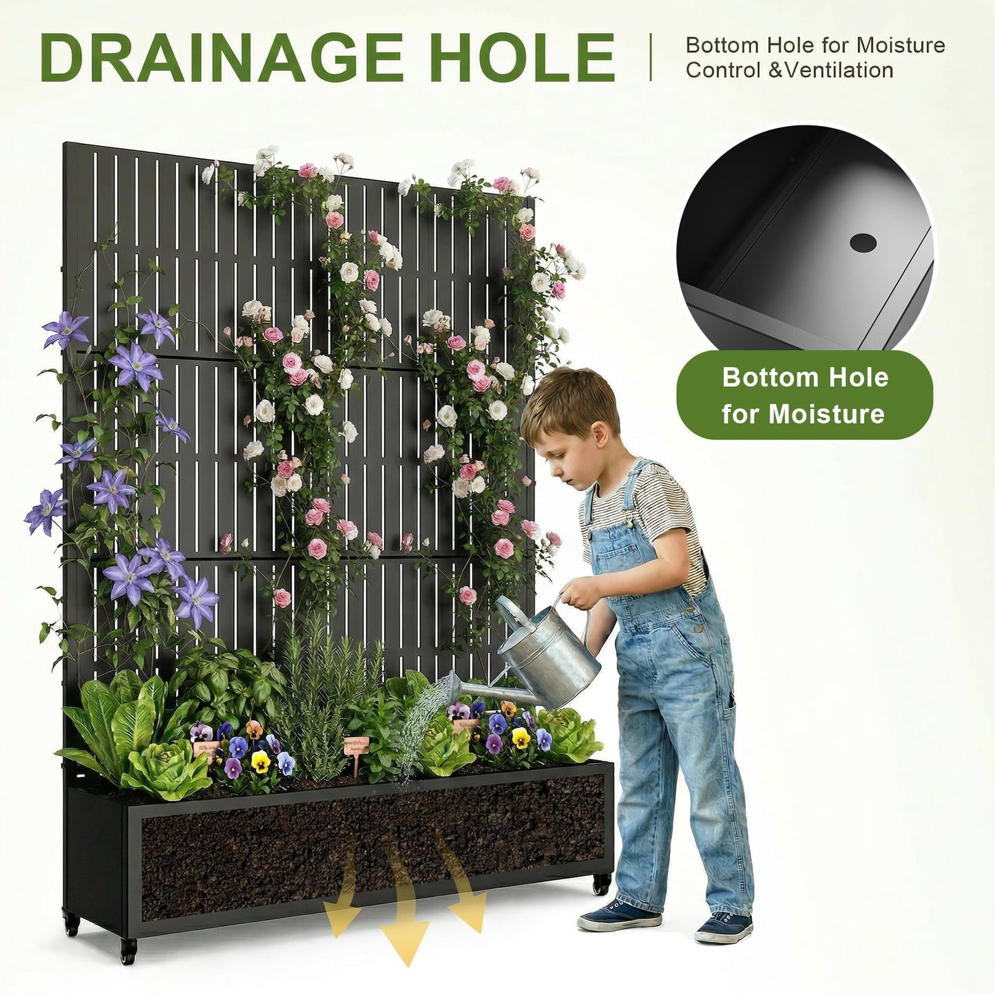 72" H Metal Raised Garden Bed with Trellis and Wheels, Privacy Screen Outdoor Planter Box with Decor Leaf Pattern, Large Mobile Vertical Planter for Patio, Balcony & Backyard