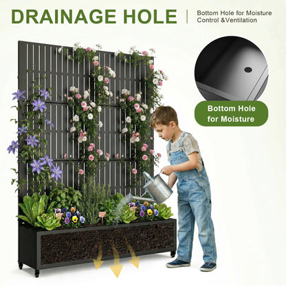 72" H Metal Raised Garden Bed with Trellis and Wheels, Privacy Screen Outdoor Planter Box with Decor Leaf Pattern, Large Mobile Vertical Planter for Patio, Balcony & Backyard