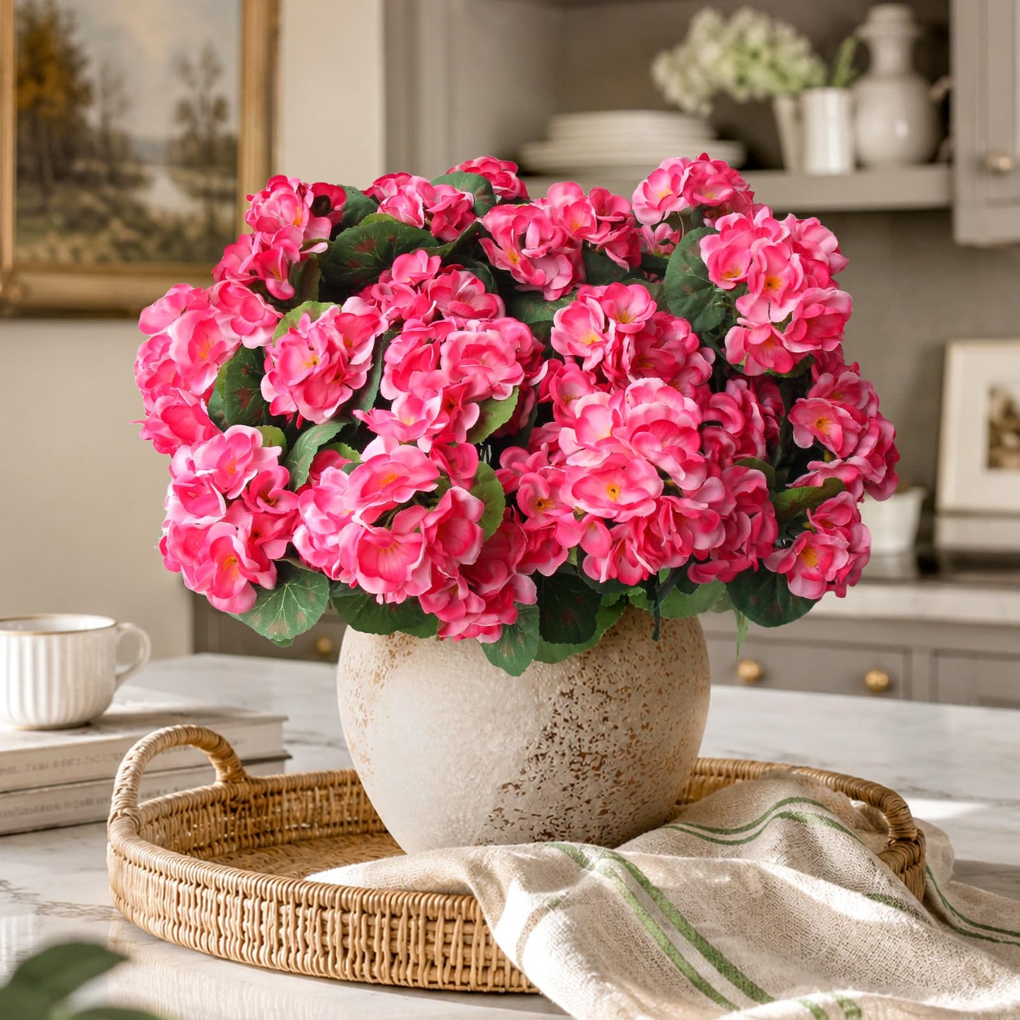 12 Bundles Artificial Geranium Fake Flowers for Outdoor UV Resistant, Outside Spring Red Flower Decoration for Home Kitchen Table Cemetery Garden Planter, Front Door Silk Faux Plants
