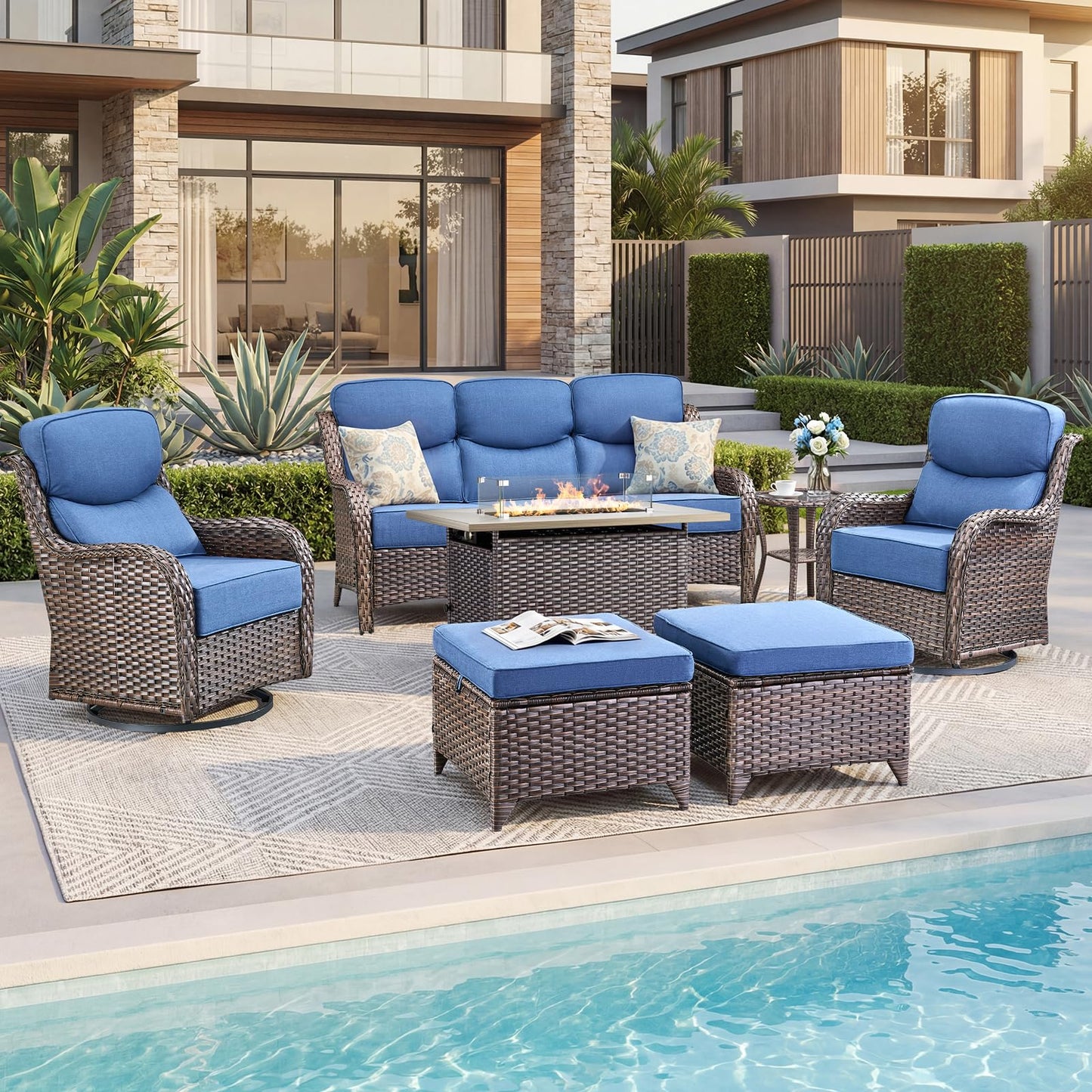 Luxury Patio Furniture Set with 6-inch Thick Cushion, Outdoor Furniture with Fire Pit Table, Swivel Chairs, Sofa, Side Table, Ottomans, 9pcs Wicker Conversation Set(Brown Wicker | Grey Cushion)