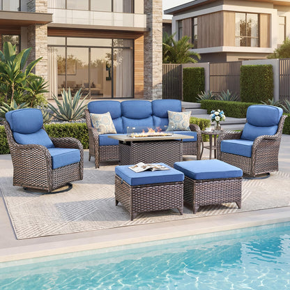 Luxury Patio Furniture Set with 6-inch Thick Cushion, Outdoor Furniture with Fire Pit Table, Swivel Chairs, Sofa, Side Table, Ottomans, 9pcs Wicker Conversation Set(Brown Wicker | Grey Cushion)