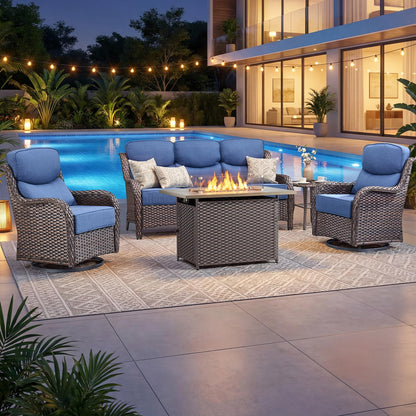 Luxury Patio Furniture Set with 6-inch Thick Cushion, Outdoor Furniture with Fire Pit Table, Swivel Chairs, Sofa, Side Table, Ottomans, 9pcs Wicker Conversation Set(Brown Wicker | Grey Cushion)