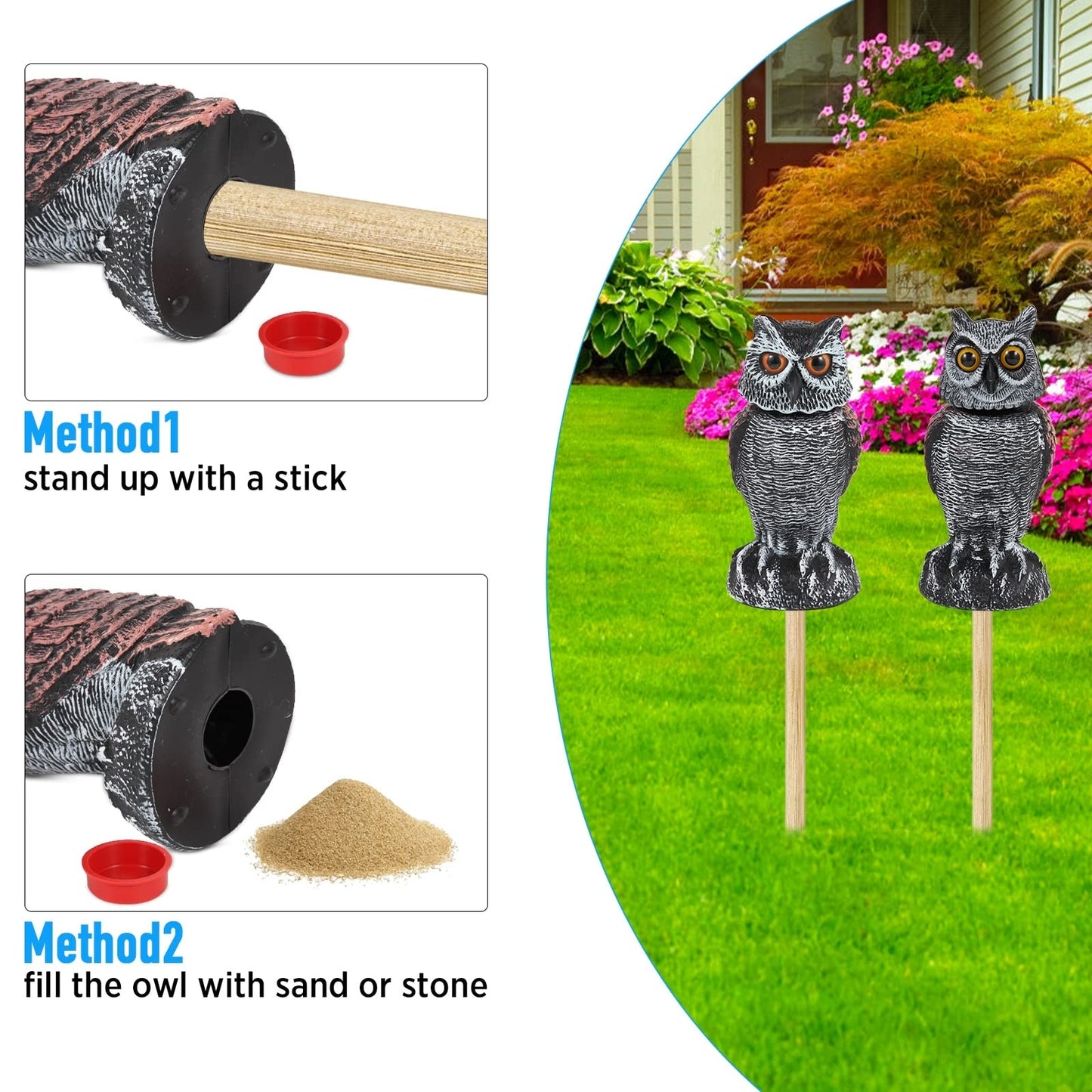 Hedoc 2 Pack Fake Owl Decoys to Scare Birds Away, Rotating Head Bird Deterrents, Nature Enemy Scarecrow Plastic Statues, Pest Repellent for Gardens and Patios