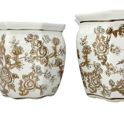 Galt International Blue & White Round Fluted Classic Floral Porcelain Ceramic Plant Flower Planter Pot Set of 3 (7.5", 10", 13") Garden Pots Chinese Asian Design