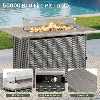 Luxury Patio Furniture Set with 6-inch Thick Cushion, Outdoor Furniture with Fire Pit Table, Swivel Chairs, Sofa, Side Table, Ottomans, 9pcs Wicker Conversation Set(Brown Wicker | Grey Cushion)