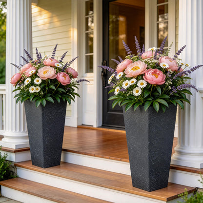 Autodaya 22" Urn Planters Outdoor Planter for Plants Set of 2 Timeless Plastic Large Flower Pot with Drainage Hole Terrazzo White Garden Pots for Porch, Patio Christmas Decor