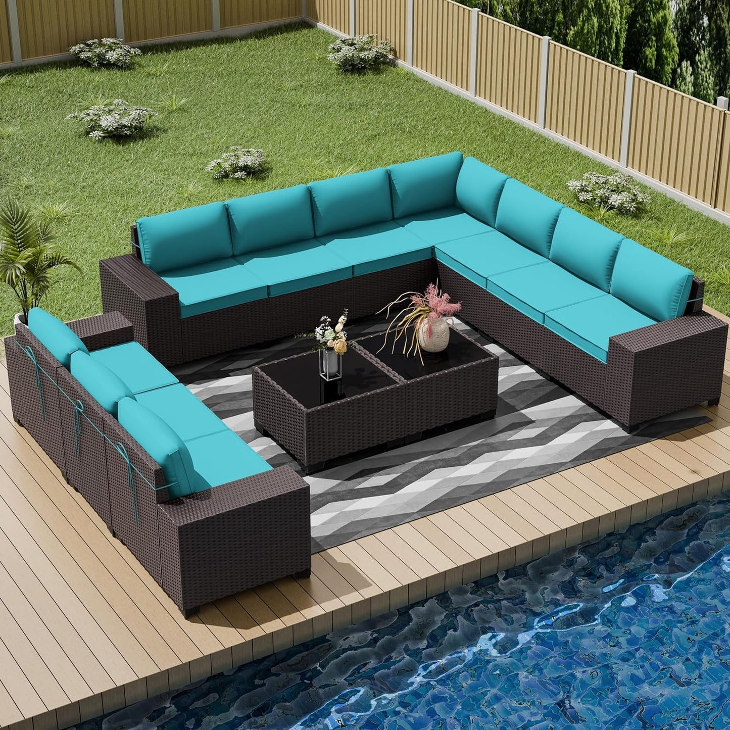 13 PCS Outdoor Patio Furniture Set,Outdoor Sectional Furniture with 43" 55000 BTU Gas Propane Fire Pit Table,All Weather PE Rattan Wicker Patio Conversation Set,Navy Blue