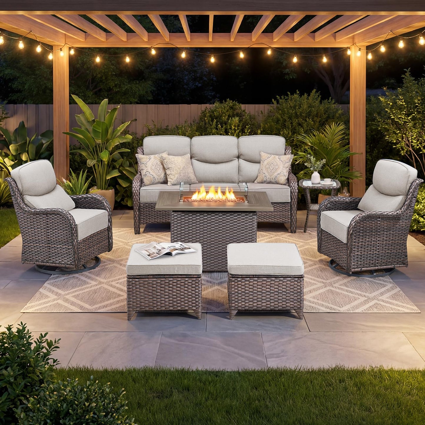 Luxury Patio Furniture Set with 6-inch Thick Cushion, Outdoor Furniture with Fire Pit Table, Swivel Chairs, Sofa, Side Table, Ottomans, 9pcs Wicker Conversation Set(Brown Wicker | Grey Cushion)