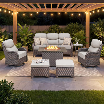 Luxury Patio Furniture Set with 6-inch Thick Cushion, Outdoor Furniture with Fire Pit Table, Swivel Chairs, Sofa, Side Table, Ottomans, 9pcs Wicker Conversation Set(Brown Wicker | Grey Cushion)
