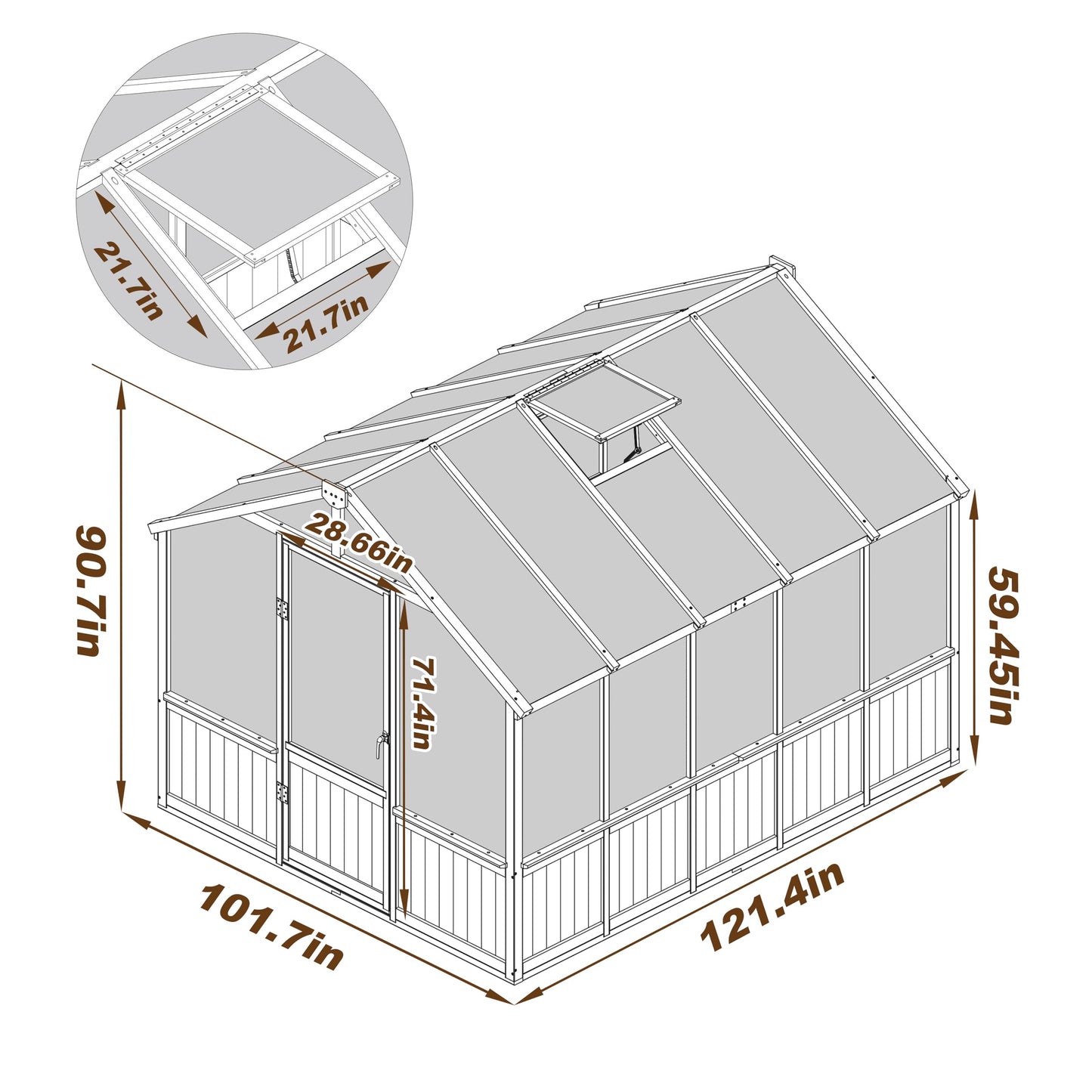 Yardenaler 8x16 FT Greenhouse for Outdoor, 6MM Thick Polycarbonate Panel Wooden Walk-in Green House with Adjustable Roof Vents and Lockable Door, Backyard Garden, Light Mocha Brown