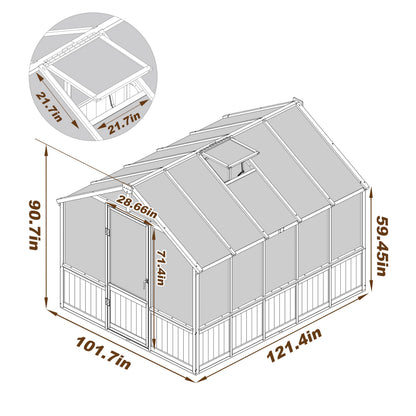 Yardenaler 8x16 FT Greenhouse for Outdoor, 6MM Thick Polycarbonate Panel Wooden Walk-in Green House with Adjustable Roof Vents and Lockable Door, Backyard Garden, Light Mocha Brown