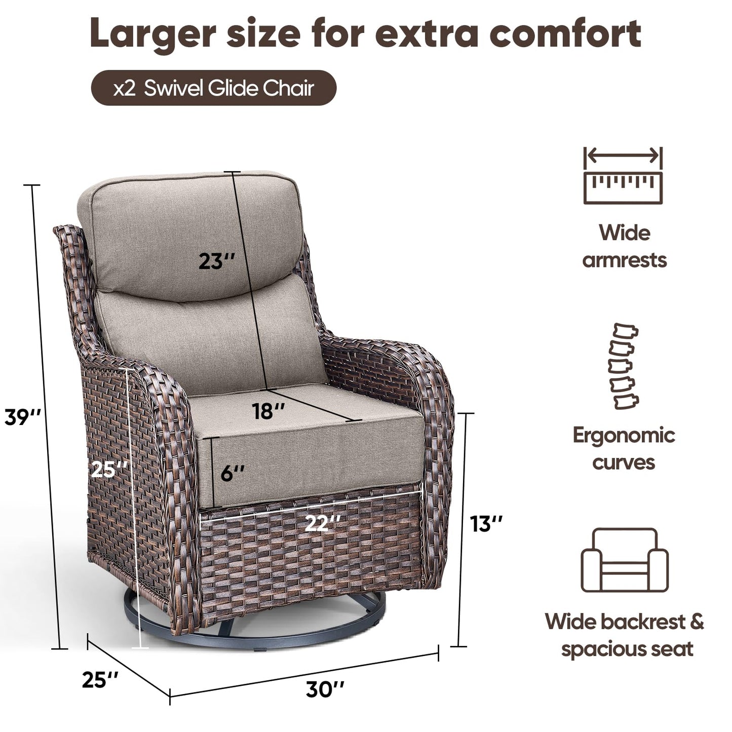 Luxury Patio Furniture Set with 6-inch Thick Cushion, Outdoor Furniture with Fire Pit Table, Swivel Chairs, Sofa, Side Table, Ottomans, 9pcs Wicker Conversation Set(Brown Wicker | Grey Cushion)