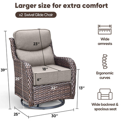 Luxury Patio Furniture Set with 6-inch Thick Cushion, Outdoor Furniture with Fire Pit Table, Swivel Chairs, Sofa, Side Table, Ottomans, 9pcs Wicker Conversation Set(Brown Wicker | Grey Cushion)