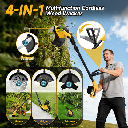 6000mAh 4-in-1 Electric Weed Wacker Cordless, 20000RPM Weed Eater Battery Powered, Heavy Duty Brush Cutter Edger Lawn Tool/Weed Trimmer/Grass Trimmer W/Wheel Metal Blade, 2 Battery Yard Tool