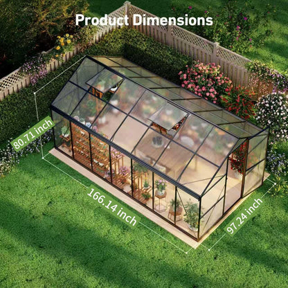 12x12 FT T-Shape Greenhouses, Polycarbonate Green House with UV Protection, Heavy Duty Greenhouse with Windproof Aluminum Frame, Roof Vent & Quick-Install Design for Backyard or Garden Use