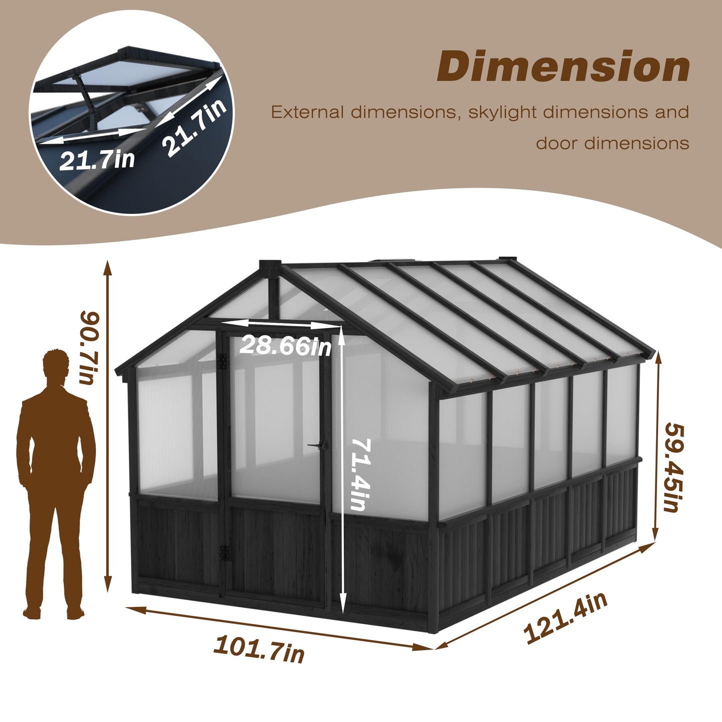 Yardenaler 8x16 FT Greenhouse for Outdoor, 6MM Thick Polycarbonate Panel Wooden Walk-in Green House with Adjustable Roof Vents and Lockable Door, Backyard Garden, Light Mocha Brown