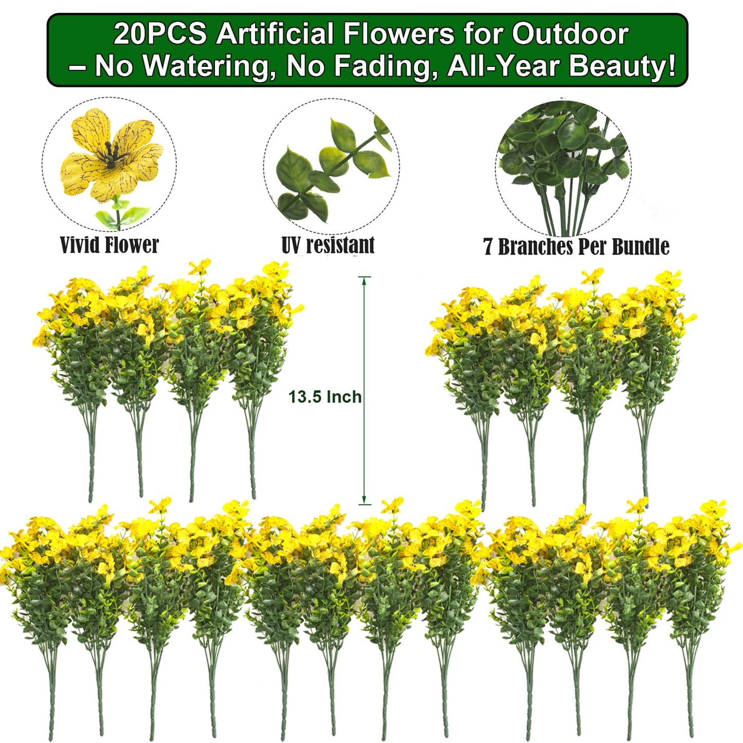 Grunyia 20 Bundles Artificial Flowers for Outdoors, UV Resistant Fake Plants Flowers Greenery Shrubs Plants for Decoration Outside Plants Hanging Planter Home Garden Decor