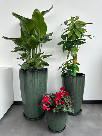 24,21,11 Inch Large Plastic Planters with Drainage Hole and Saucer - Set of 3 Tall Plant Pots Indoor Flower Pot Tall Round Planters Outdoor Large Tall Planter