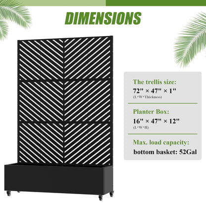 72" H Metal Raised Garden Bed with Trellis and Wheels, Privacy Screen Outdoor Planter Box with Decor Leaf Pattern, Large Mobile Vertical Planter for Patio, Balcony & Backyard