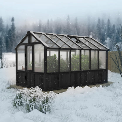Yardenaler 8x16 FT Greenhouse for Outdoor, 6MM Thick Polycarbonate Panel Wooden Walk-in Green House with Adjustable Roof Vents and Lockable Door, Backyard Garden, Light Mocha Brown