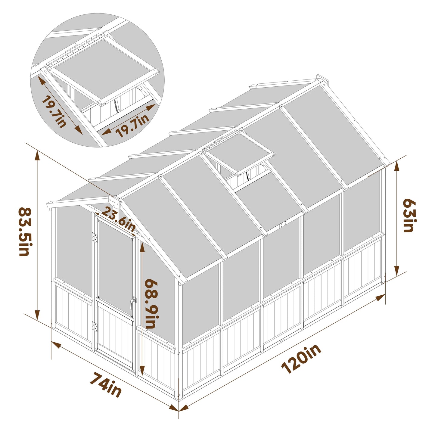 Yardenaler 8x16 FT Greenhouse for Outdoor, 6MM Thick Polycarbonate Panel Wooden Walk-in Green House with Adjustable Roof Vents and Lockable Door, Backyard Garden, Light Mocha Brown