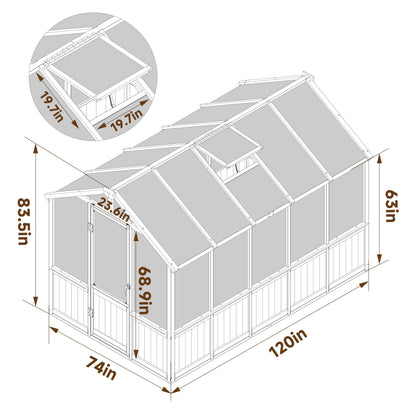 Yardenaler 8x16 FT Greenhouse for Outdoor, 6MM Thick Polycarbonate Panel Wooden Walk-in Green House with Adjustable Roof Vents and Lockable Door, Backyard Garden, Light Mocha Brown
