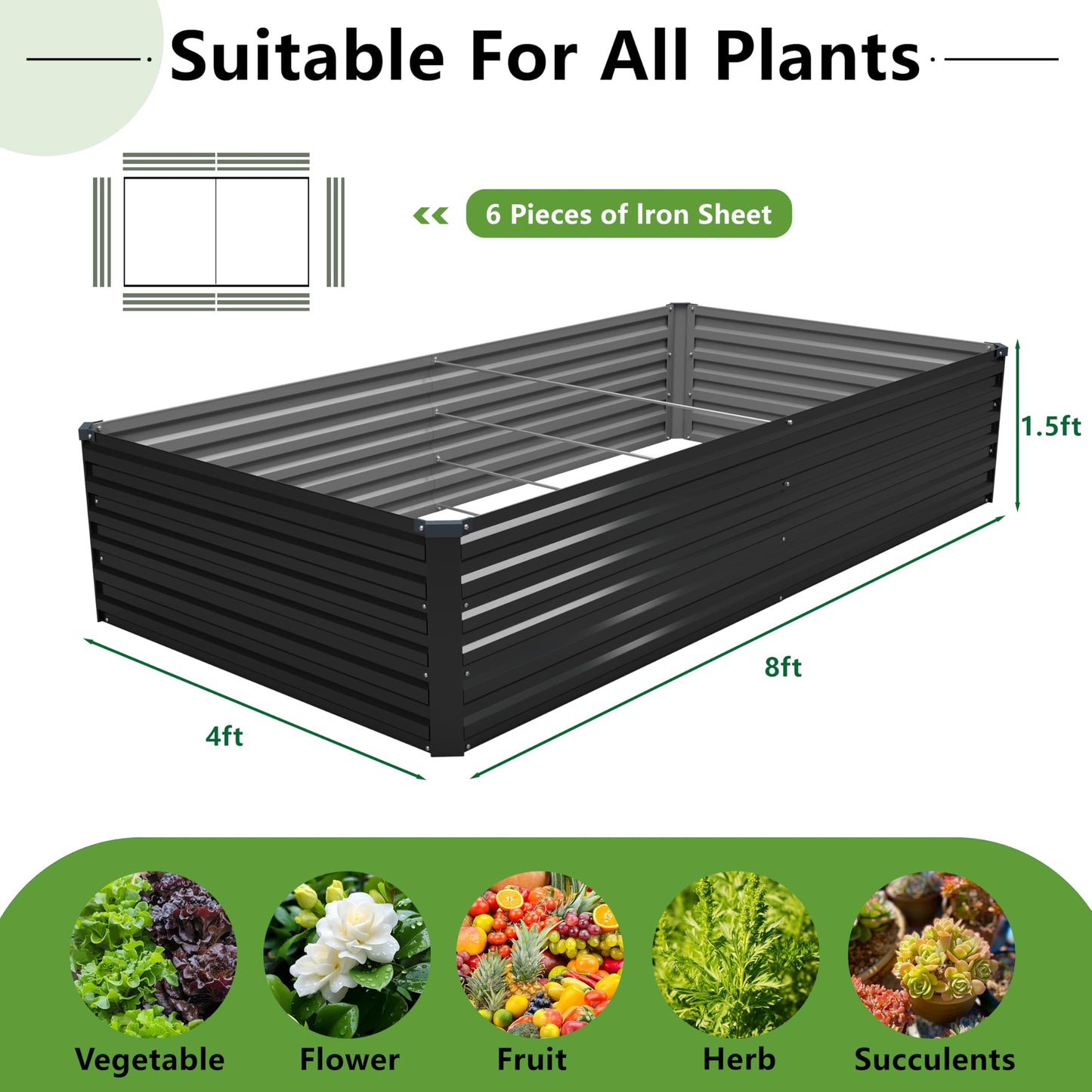 DIIYIV 8x4x1.5FT Galvanized Raised Garden Bed,Vegetable Boxes-Rectangle Metal Flower Box,Large Planter Raised Beds Outdoor Garden for Planting,Fruit,Herb-Silver