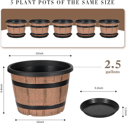 12 Inch Whiskey Barrel Planters with Drainage Holes & Saucer, 5 Pack Plastic Plant Pots with Wine Barrel Design, Flower Pots for Indoor Outdoor Balcony