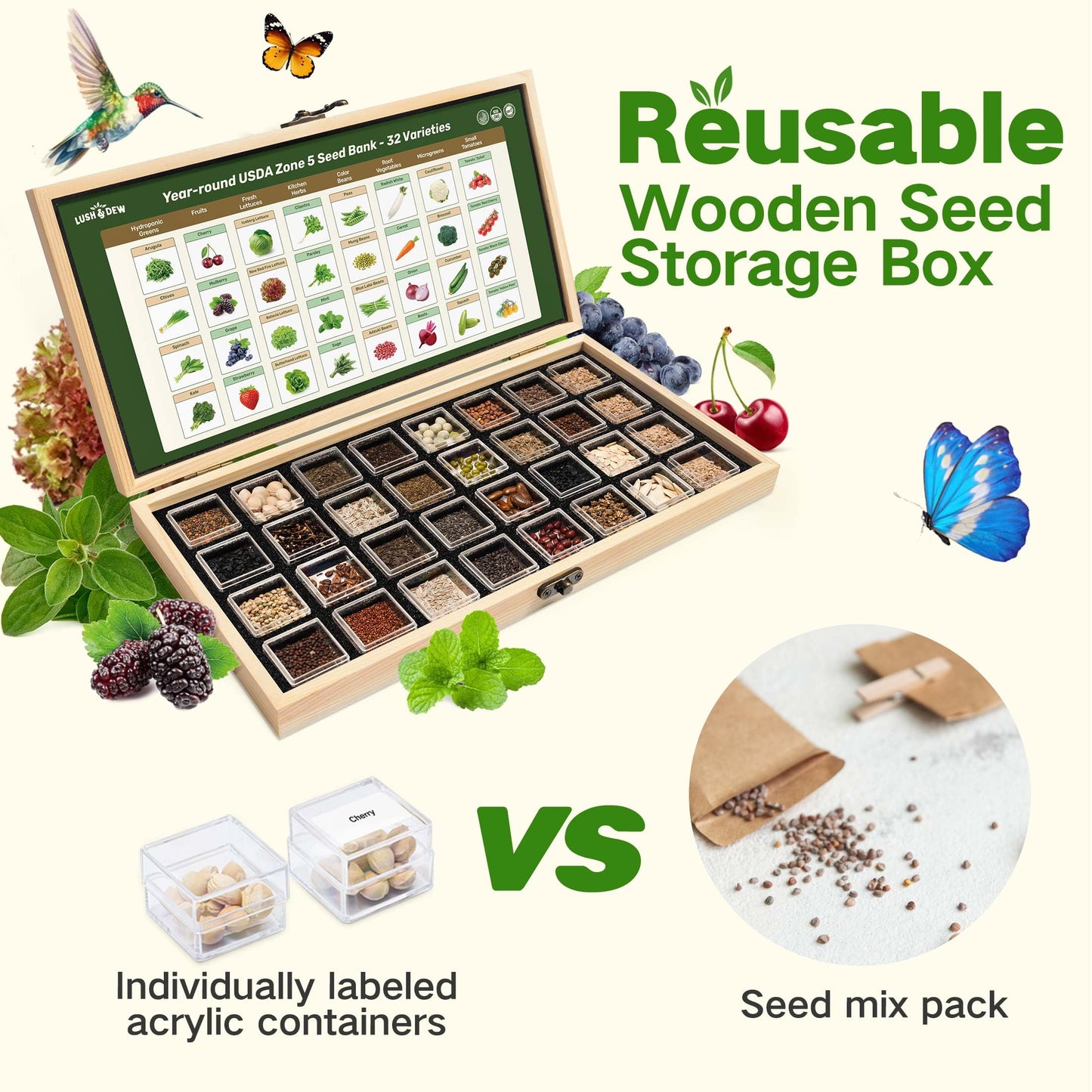 Lush&Dew Year-Round USDA Zone 9 Seed Bank, Gardening Gifts for Women Men, 32 Varieties Non-GMO Heirloom Seeds of Vegetables Herbs Fruits, Gift for Mom Dad, Survival Seed Kit for Raised Garden Beds