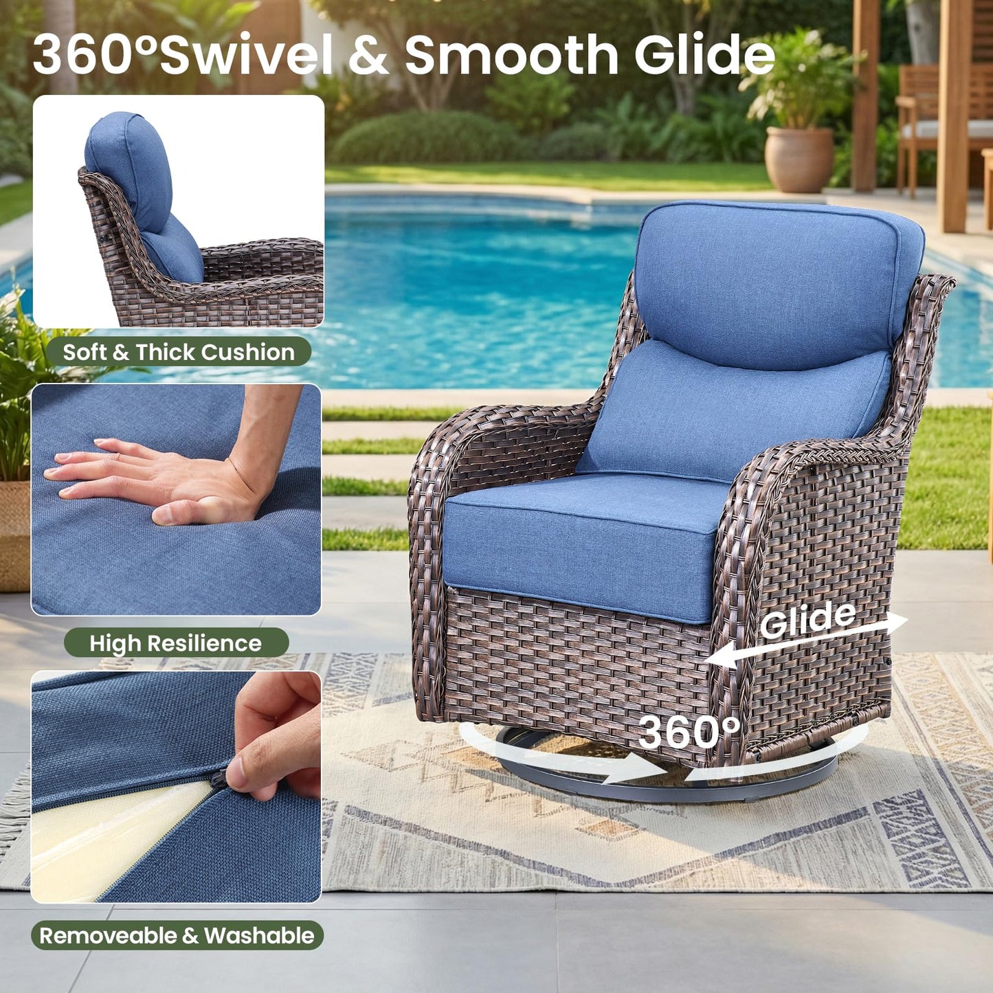 Luxury Patio Furniture Set with 6-inch Thick Cushion, Outdoor Furniture with Fire Pit Table, Swivel Chairs, Sofa, Side Table, Ottomans, 9pcs Wicker Conversation Set(Brown Wicker | Grey Cushion)