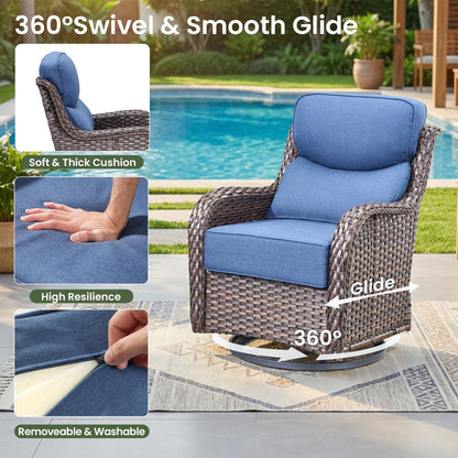 Luxury Patio Furniture Set with 6-inch Thick Cushion, Outdoor Furniture with Fire Pit Table, Swivel Chairs, Sofa, Side Table, Ottomans, 9pcs Wicker Conversation Set(Brown Wicker | Grey Cushion)