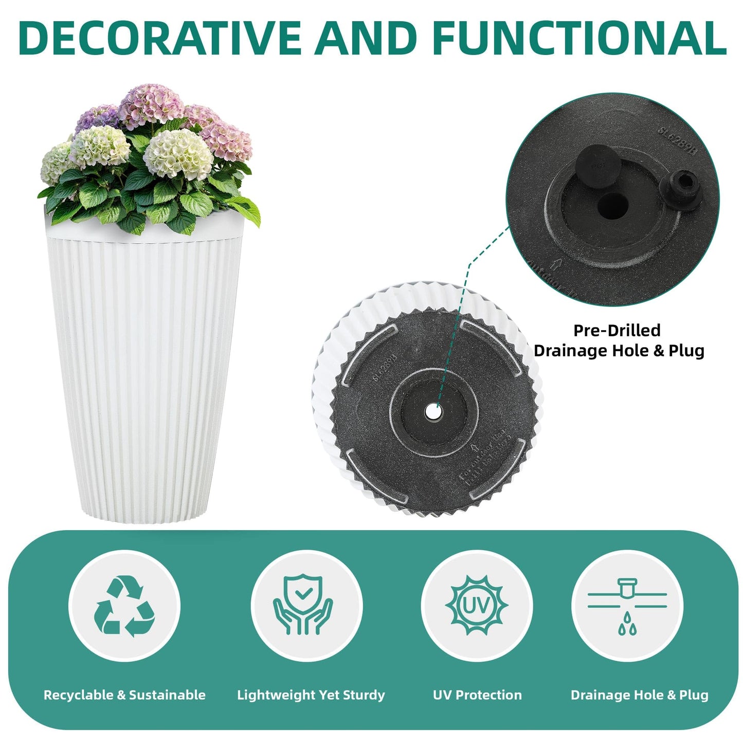 Autodaya 22" Urn Planters Outdoor Planter for Plants Set of 2 Timeless Plastic Large Flower Pot with Drainage Hole Terrazzo White Garden Pots for Porch, Patio Christmas Decor