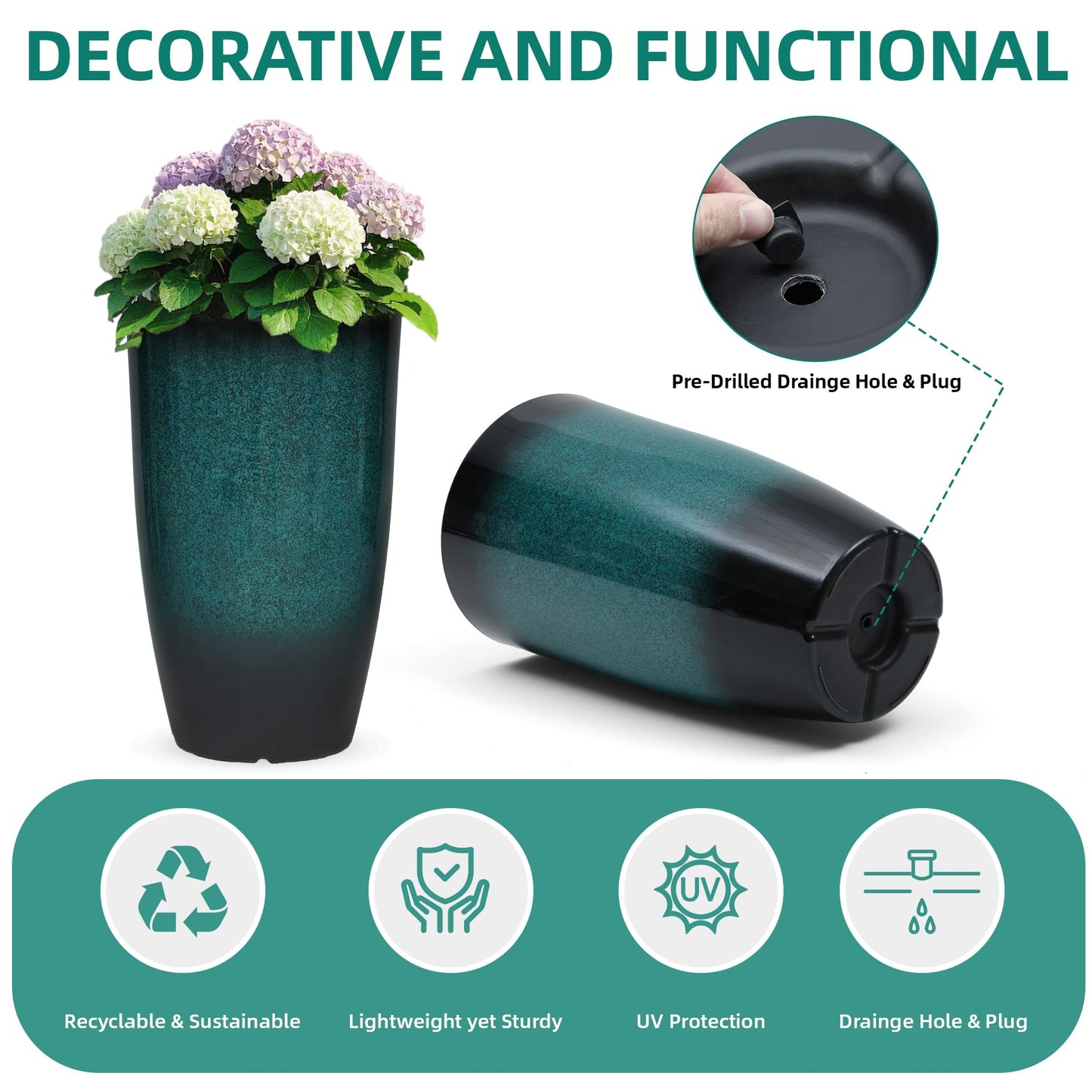 Autodaya 22" Urn Planters Outdoor Planter for Plants Set of 2 Timeless Plastic Large Flower Pot with Drainage Hole Terrazzo White Garden Pots for Porch, Patio Christmas Decor