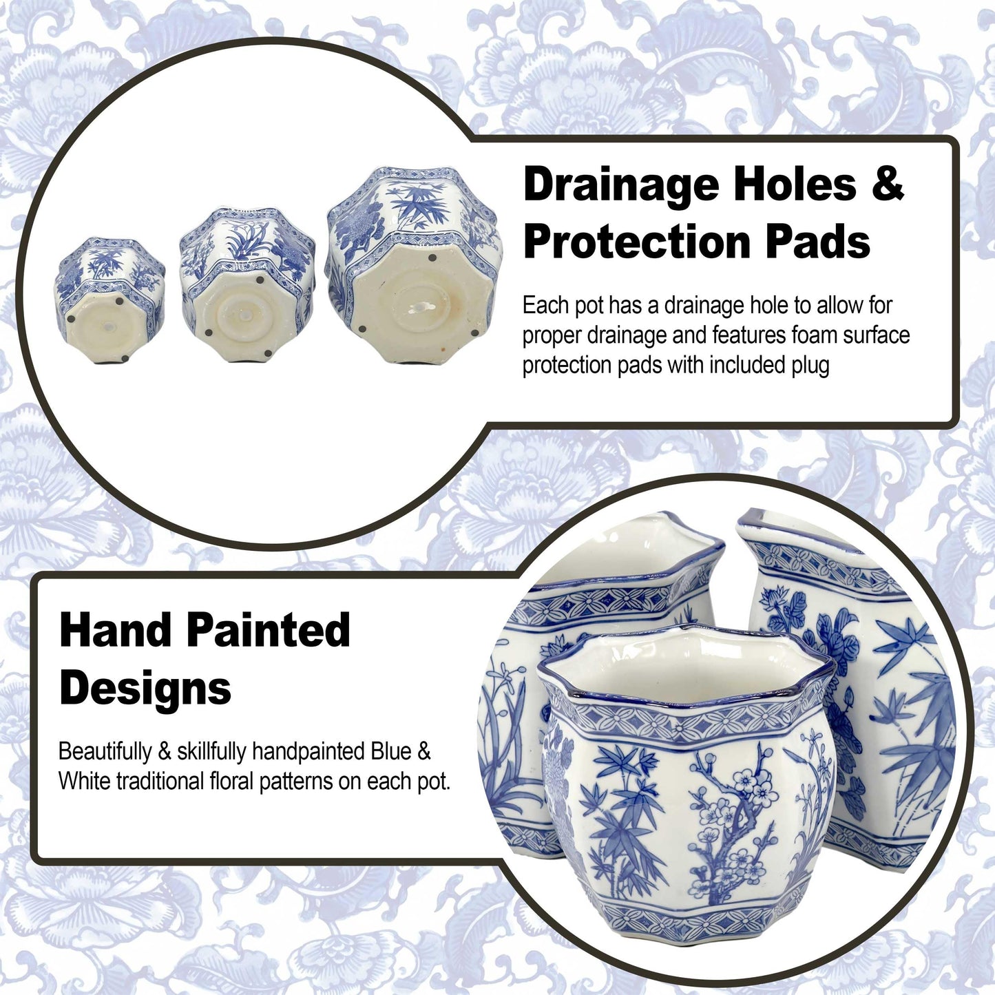 Galt International Blue & White Round Fluted Classic Floral Porcelain Ceramic Plant Flower Planter Pot Set of 3 (7.5", 10", 13") Garden Pots Chinese Asian Design