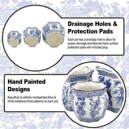 Galt International Blue & White Round Fluted Classic Floral Porcelain Ceramic Plant Flower Planter Pot Set of 3 (7.5", 10", 13") Garden Pots Chinese Asian Design