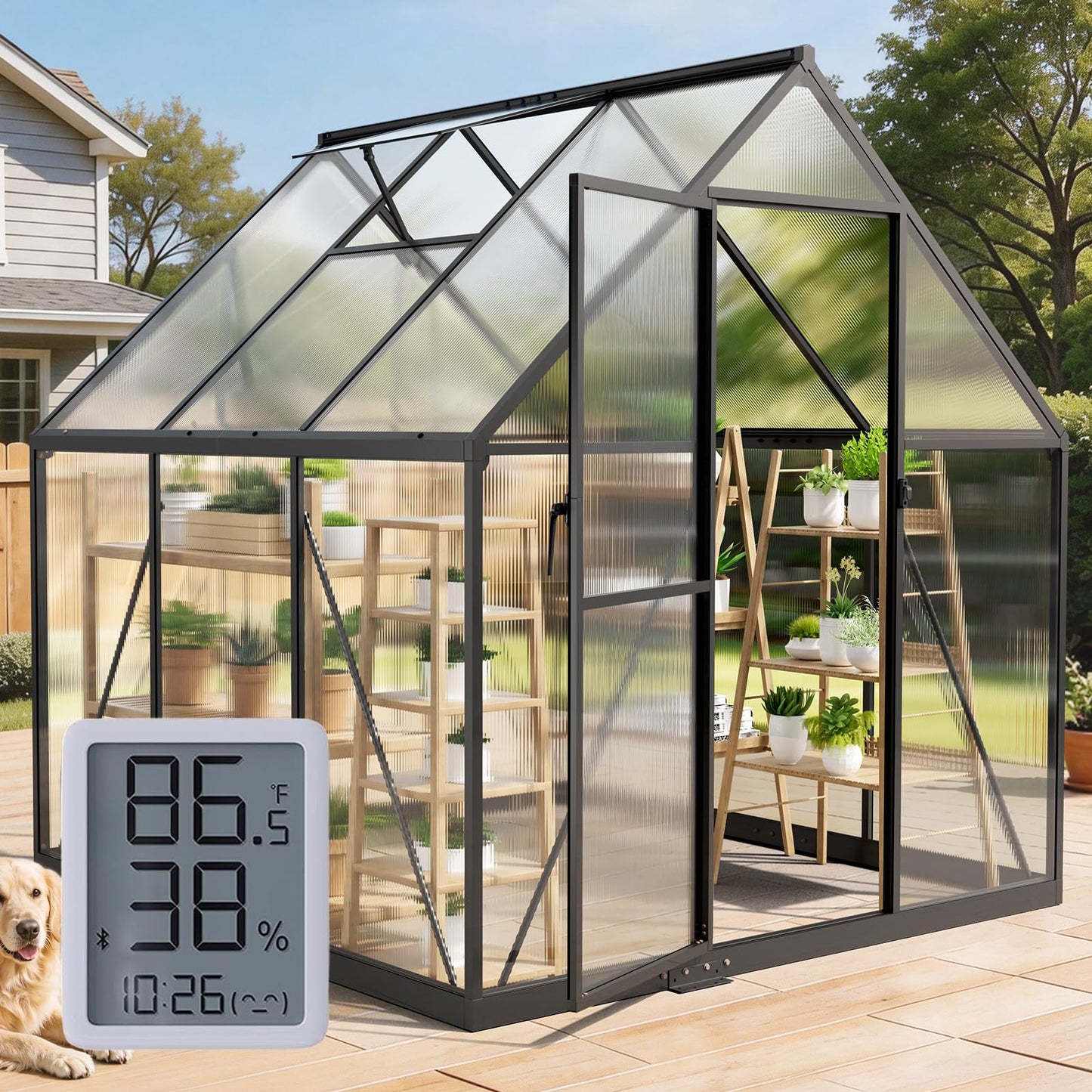 12x12 FT T-Shape Greenhouses, Polycarbonate Green House with UV Protection, Heavy Duty Greenhouse with Windproof Aluminum Frame, Roof Vent & Quick-Install Design for Backyard or Garden Use