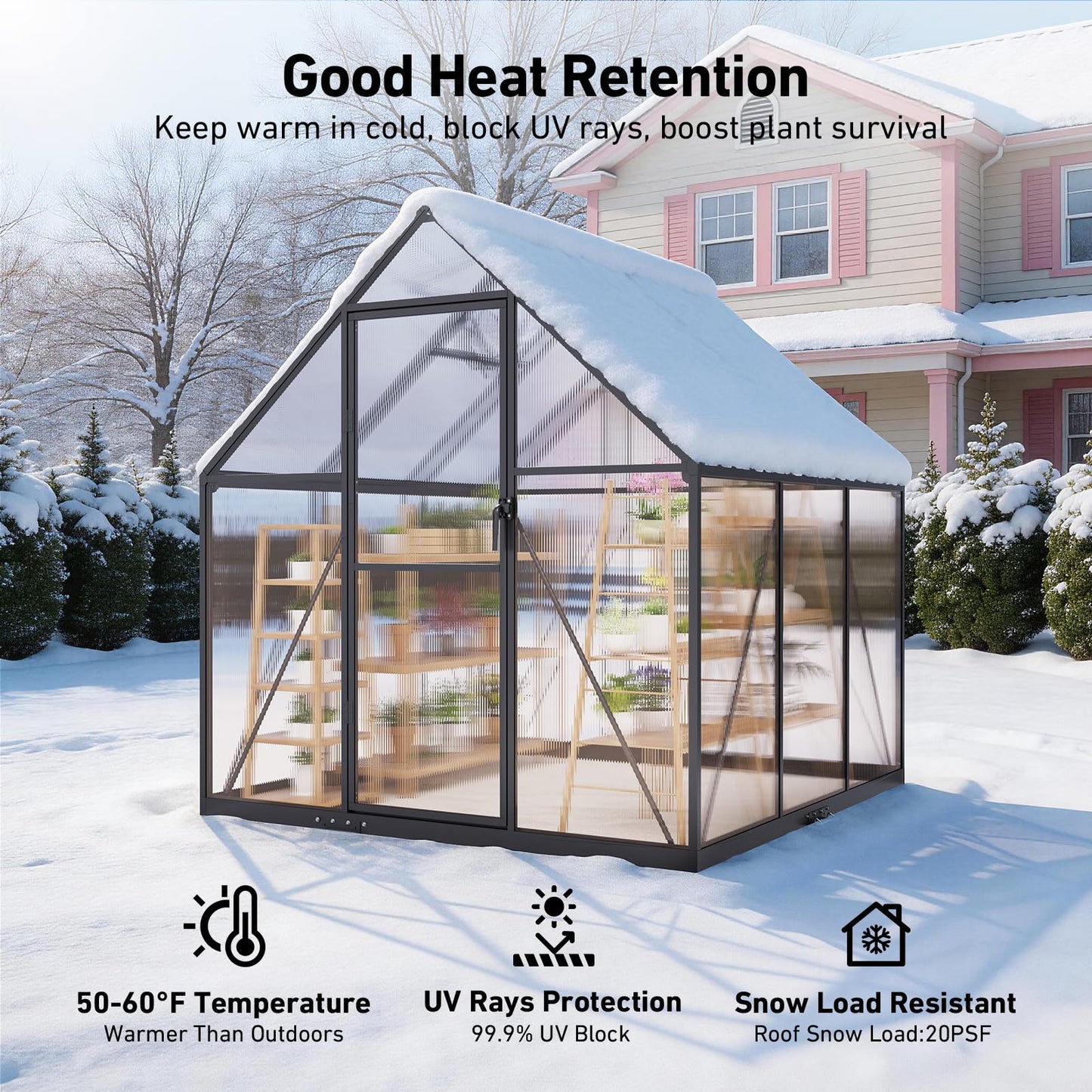 12x12 FT T-Shape Greenhouses, Polycarbonate Green House with UV Protection, Heavy Duty Greenhouse with Windproof Aluminum Frame, Roof Vent & Quick-Install Design for Backyard or Garden Use