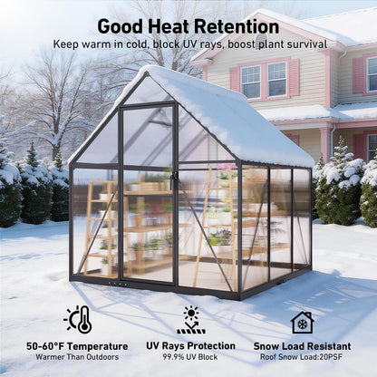 12x12 FT T-Shape Greenhouses, Polycarbonate Green House with UV Protection, Heavy Duty Greenhouse with Windproof Aluminum Frame, Roof Vent & Quick-Install Design for Backyard or Garden Use